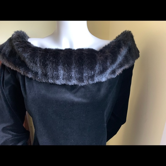 Black coton velvet mini prom party Dress fur boat neck fur hemline big satin bow - Picture 6 of 16